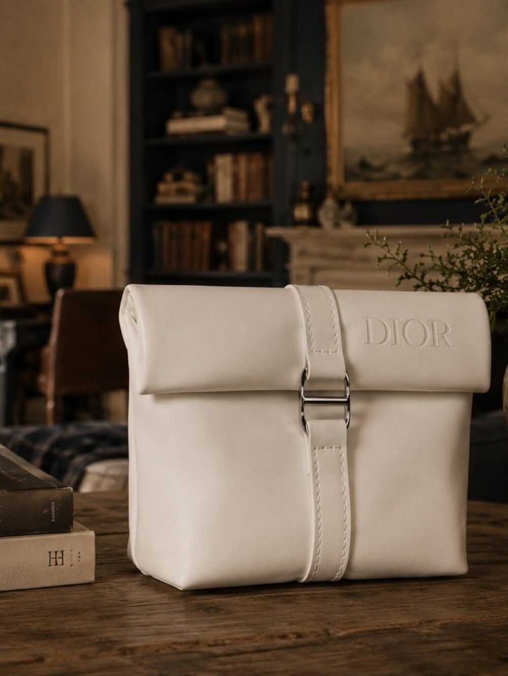 Dior White Leather Roll-Top Crossbody Bag